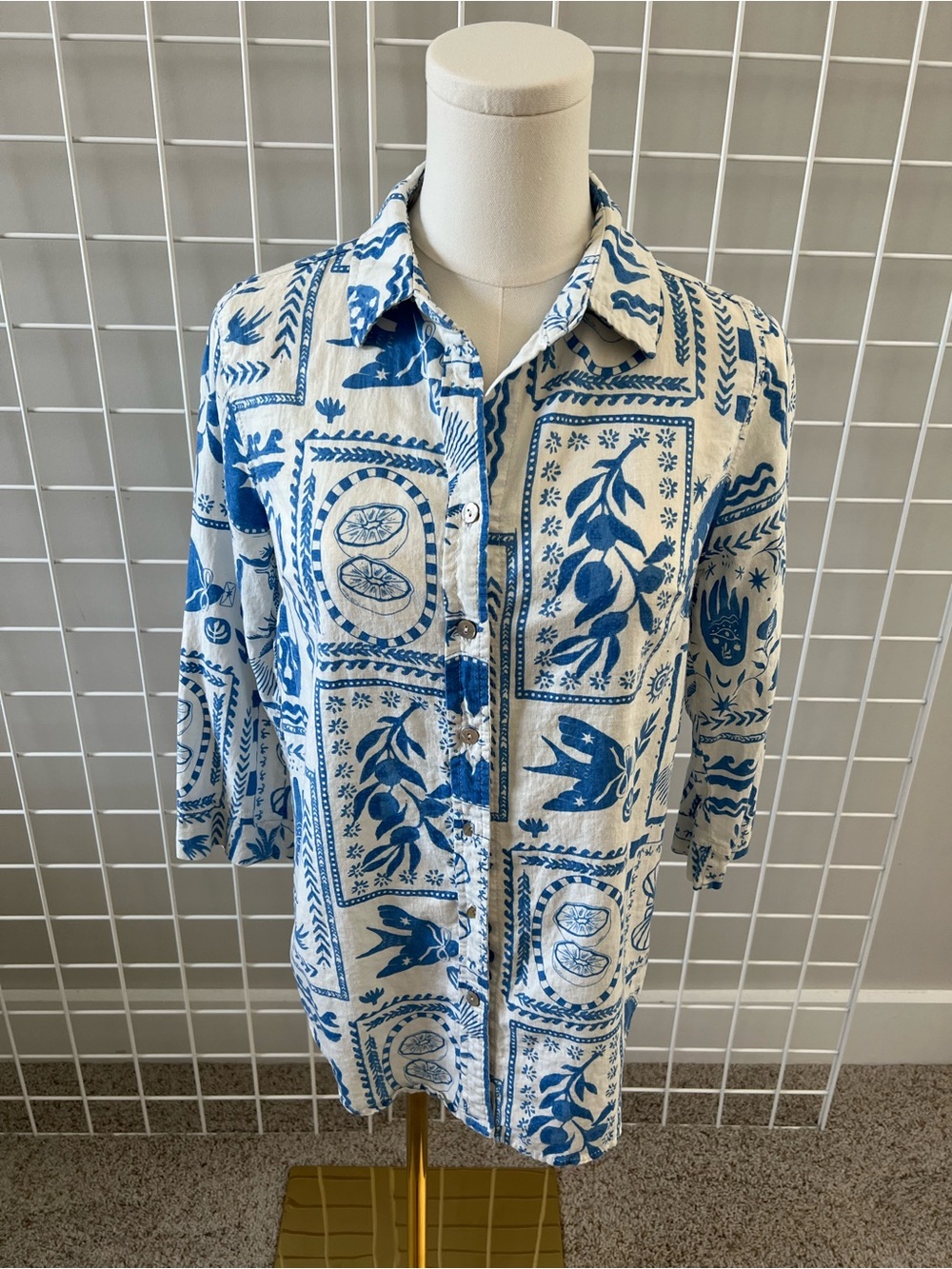 Calypso St Barth Shirt Women’s Size S Blue White Dove Hippie Boho Linen Blend